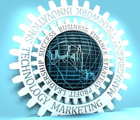 Stamp icon. Graphic design elements. 3D rendering. Business relative words on the gear. Financial market chart.