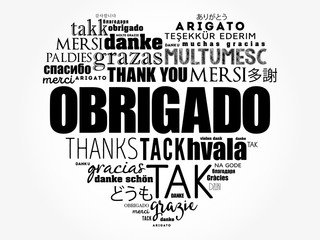 Obrigado (Thank You in Portuguese) love heart Word Cloud in different languages