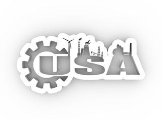 Energy and Power icons. Sustainable energy generation and heavy industry. USA word decorated by gear. 3D rendering.