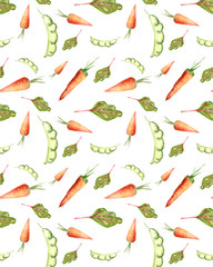 seamless pattern of watercolor elements carrot, pea pods, lettuce