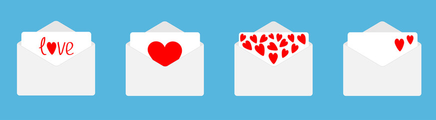 Four envelope with red hearts set line. Happy Valentines Day. Love card. Flat design. Blue background. Isolated.