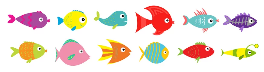 Poster Cute cartoon fish icon set line. Sea ocean animal. Baby kids collection. Flat design. White background. Isolated. © worldofvector