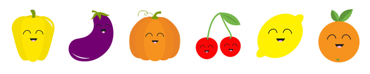Fruit berry vegetable smiling face icon set line. Pepper, eggplant, pumpkin cherry, lemon, orange. Cute cartoon kawaii character. Flat design. White background.