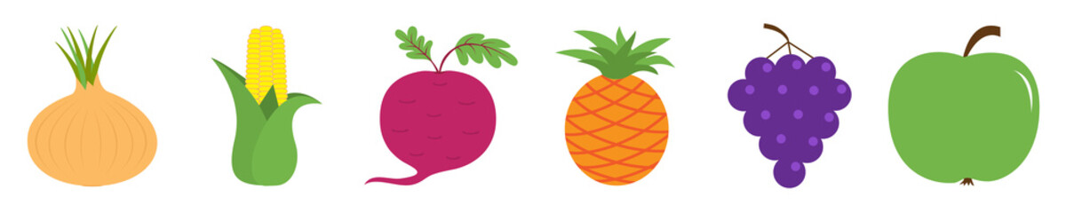 Fruit berry vegetable icon set line. Onion, sweet corn, beet, beetroot, pineapple, grape, apple. Cute cartoon kawaii shape collection. Flat design. White background.