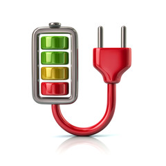 Red battery charging plug icon 3d illustration on white background