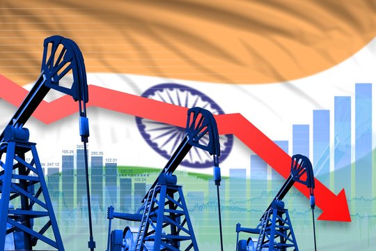 lowering, falling graph on India flag background - industrial illustration of India oil industry or market concept. 3D Illustration