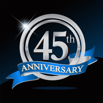 45th anniversary logo with blue ribbon and silver ring, vector template for birthday celebration.