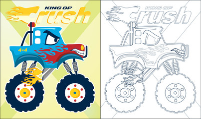 Coloring book or page of blue monster truck cartoon with red flame © Bhonard21
