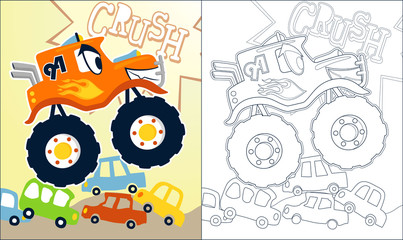 Coloring book or page with monster truck cartoon, crushing cars © Bhonard21