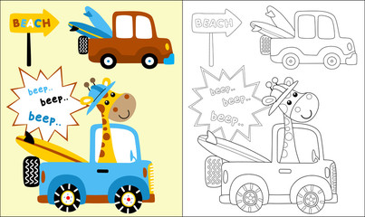 Coloring book or page of truck cartoon with smiling giraffe caryying surfboard