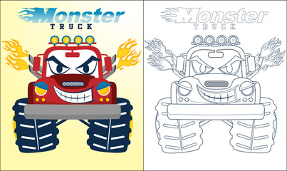 Coloring book or page of monster truck cartoon with creepy smile