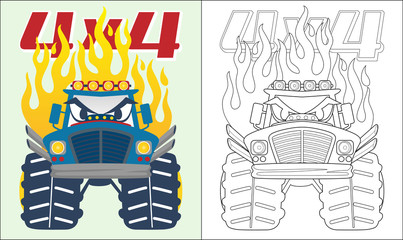 Coloring book or page of monster truck cartoon with flame © Bhonard21