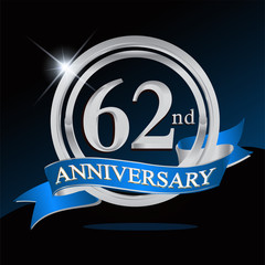 62nd anniversary logo with blue ribbon and silver ring, vector template for birthday celebration.