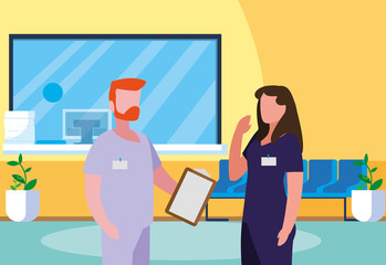 couple medicine workers in hospital reception