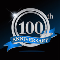 100th anniversary logo with blue ribbon and silver ring, vector template for birthday celebration.