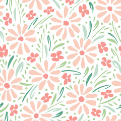 Pastel colored hand-painted daisies on white background vector seamless pattern. Delicate spring summer floral print