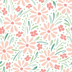 Behang Pastel Pastel gekleurde handgeschilderde madeliefjes op witte achtergrond vector naadloze patroon. Fijne lente zomer bloemenprint