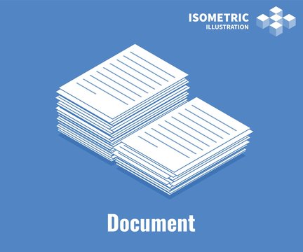 Document icon. Pile of documents, stack of business paper. Vector 3D illustration isolated on blue background.