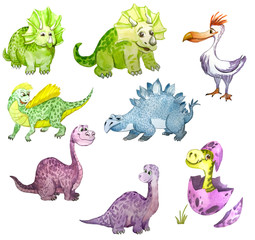 watercolor characters dinosaurs, cute blue dino, purple and green dinosaurs on a white background