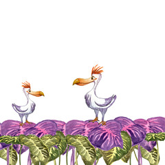  watercolor bird characters on a background of bright purple foliage