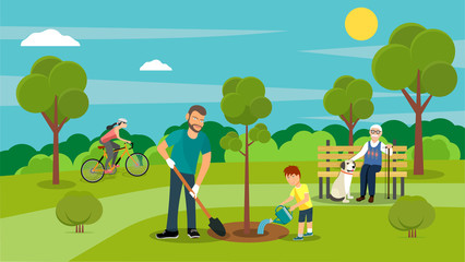 Vector summertime flat illustration. People in the park. Big set.