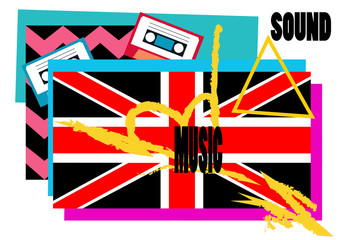 British flag colorful pop art backgorund with cassette tape music vector zig zag illustration