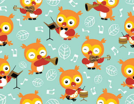seamless pattern vector with owl cartoon playing music instruments