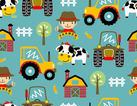 Seamless Pattern Vector With Farmyard Theme Cartoon