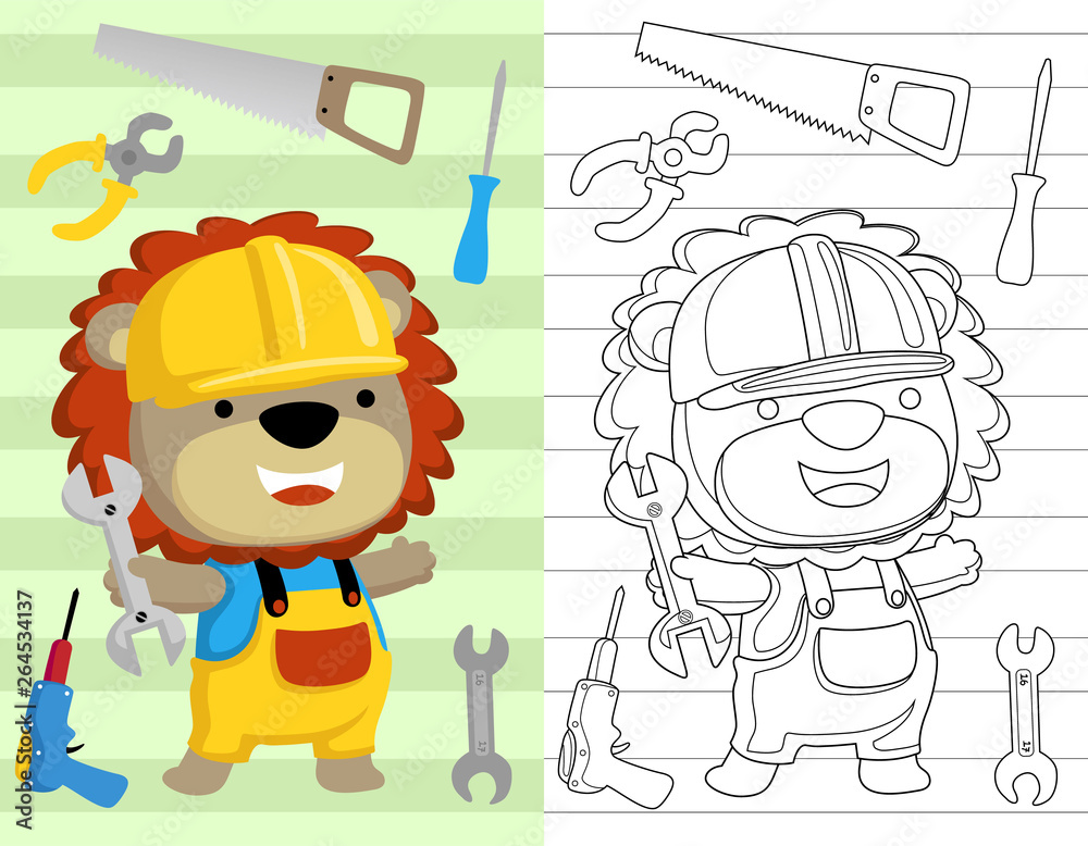 Wall mural coloring book or page with lion cartoon the funny builder with its tools