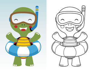 coloring book or page of cute turtle cartoon with diving equipment