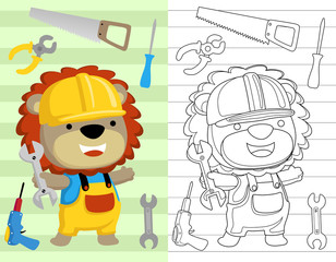 coloring book or page with lion cartoon the funny builder with its tools