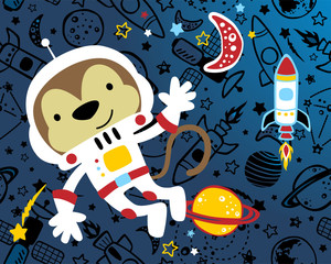 monkey cartoon, the funny astronaut with rocket on skies objects background