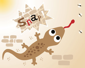 cartoon of lizard in the wall hunting mosquitoes