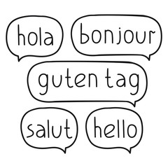 Hola, bonjour, guten tag, salut, hello. Bilingual, translation concept. Vector hand drawn, lettering illustration on white background.