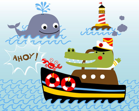 Cartoon of sailing with captain crocodile, with whale