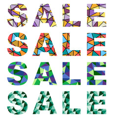 sale set of  letterings arial font in polygonal style design yellow, green, blue, red