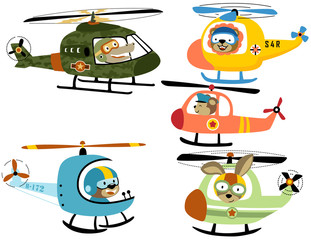 vector set of helicopter cartoon with cute pilot