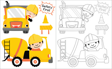 Construction vehicle cartoon with happy driver, coloring book or page