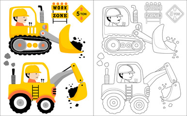 Constrcution vehicle cartoon with driver, coloring book or page