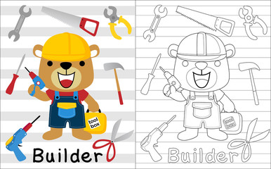 A funny builder cartoon with its tools, coloring book or page