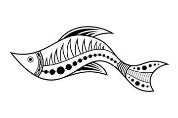 Fish. Aboriginal art style. Vector monochrome illustration isolated on white background.
