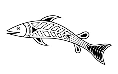 Fish. Aboriginal art style. Vector monochrome illustration isolated on white background.