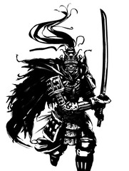Samurai in armor with a sword running into battle