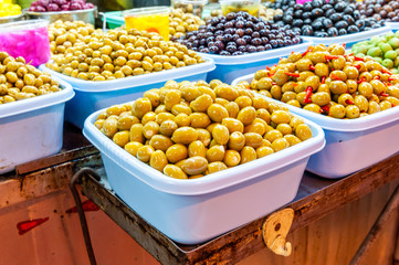 Olives sold in Shuk Hacarmel market, Tel Aviv, Israel