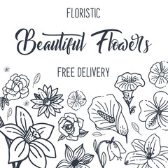 Sketches of flowers on a white background. Floral banner. Vector illustration.