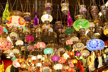 Mosaic colorful Ottoman lamps from Grand Bazaar in Istanbul, Turkey. Lanterns market in Istanbul.