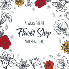 Sketches of flowers on a white background. Floral banner. Vector illustration.