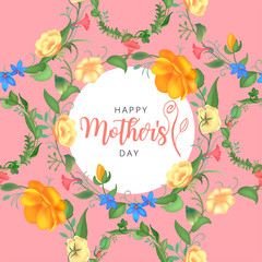 Mother s day greeting card with blossom flowers. Beautiful seamless design with typography. Garden plants with leaves.