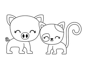 Obraz na płótnie Canvas cute cat with piggy animals isolated icon