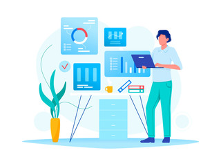 Data analysis, strategy. Man is working with data on the laptop in the office. Flat vector concept illustration for website, banner, flyer. Isolated on white.
